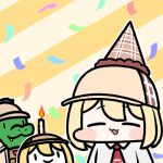  :3 alligator animal blonde_hair blush bob_cut brown_headwear candle chibi closed_eyes collared_shirt commentary confetti crocodilian deerstalker detective happy happy_birthday hat hololive hololive_english investigator_(amelia_watson) jazz_jack lowres mustache_print necktie open_mouth party_hat red_necktie shirt short_hair smol_ame striped striped_background translated virtual_youtuber watson_amelia white_shirt 