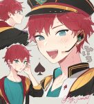  1boy amagi_hiiro bangs blue_eyes ear_piercing ensemble_stars! grey_background hair_between_eyes hat high_collar highres hood hooded_jacket jacket juma_(wolf81gizinka) kanji male_focus microphone open_clothes open_jacket open_mouth piercing red_hair shirt short_hair simple_background solo spade_(shape) sweat twitter_username 