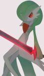  1girl bangs bob_cut colored_skin commentary english_commentary flat_chest gardevoir glowing glowing_weapon green_hair green_skin grey_background hair_over_one_eye highres holding holding_sword holding_weapon horezai legs looking_at_viewer multicolored_skin one_eye_covered pokemon pokemon_(creature) red_eyes shiny shiny_hair shiny_skin short_hair simple_background solo standing sword thighs two-tone_skin weapon white_skin 
