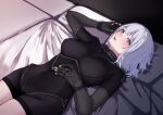  1girl 3_small_spiders absurdres bed black_bodysuit black_shorts bodysuit girls&#039;_frontline hand_on_own_stomach hand_up highres looking_at_viewer lying on_back on_bed open_mouth purple_eyes rpk-16_(girls&#039;_frontline) short_hair shorts tactical_clothes 