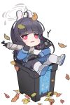  1girl ahoge arrow_(symbol) bangs binoculars black_gloves blue_archive blue_shirt blue_skirt bolt_action chibi commentary_request gloves green_neckerchief gun halo headgear highres in_container knee_pads leaf leaf_on_head long_sleeves looking_at_viewer miyu_(blue_archive) mosin-nagant neckerchief nyaru_(nyaru_4126) object_hug pantyhose parted_lips pleated_skirt puffy_long_sleeves puffy_sleeves recycling_symbol red_eyes rifle shirt shoe_soles shoes simple_background single_knee_pad skirt sleeves_past_wrists solo tears trash_can wavy_mouth weapon white_background white_footwear white_pantyhose 