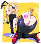  1girl abigail_williams_(fate) absurdres all_fours animal_ears ass black_footwear black_thighhighs blonde_hair blue_eyes blush bow breasts carrot censored commission fake_animal_ears fate/grand_order fate_(series) grin hair_bow heart heart_censor high_heels highres long_hair looking_at_viewer meme_attire pixiv_commission pussy rabbit_ears rabbit_tail reverse_bunnysuit reverse_outfit sekai_saisoku_no_panda smile solo stuffed_animal stuffed_bunny stuffed_toy tail thighhighs twintails 