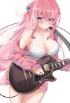  1girl absurdres bangs bare_shoulders blue_eyes blush bocchi_the_rock! bra breasts cleavage closed_mouth collarbone crossed_bangs cube_hair_ornament dokimaru electric_guitar gibson_les_paul gotou_hitori guitar hair_between_eyes hair_ornament halterneck highres holding holding_instrument instrument jacket large_breasts long_hair long_sleeves looking_at_viewer off_shoulder one_side_up pink_hair pink_jacket sidelocks simple_background solo track_jacket underwear white_background white_bra 