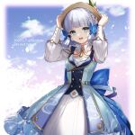  1girl :d amaichi_esora back_bow bangs blue_eyes blue_sky blunt_bangs blunt_tresses blurry blurry_background border bow braid breasts brown_headwear butterfly_hair_ornament buttons cloud collar dated detached_collar dress english_text flower genshin_impact gold_trim grey_hair hair_flower hair_ornament hands_on_headwear hands_up hat highres kamisato_ayaka kamisato_ayaka_(springbloom_missive) long_dress long_sleeves mole mole_under_eye multicolored_clothes multicolored_dress neck_tassel official_alternate_costume official_alternate_hairstyle open_mouth puffy_long_sleeves puffy_sleeves sky small_breasts smile solo teeth twitter_username upper_teeth_only white_border white_collar white_flower 