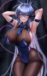  1girl :3 animal_ears arm_strap armpits arms_up azur_lane bangs bare_shoulders black_leotard blue_eyes blue_hair blue_necktie blush bodystocking breasts cleavage closed_mouth collarbone commentary covered_navel cowboy_shot detached_collar fake_animal_ears hair_between_eyes hair_intakes highres large_breasts leotard long_hair looking_at_viewer mychadum necktie new_jersey_(azur_lane) new_jersey_(exhilarating_steps!)_(azur_lane) official_alternate_costume pantyhose playboy_bunny pole presenting_armpit rabbit_ears see-through_cleavage short_necktie sideboob sidelocks smile solo standing strapless strapless_leotard stripper_pole very_long_hair 