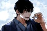  1boy bangs black_hair blue_background blue_eyes blue_kimono cigarette fushiguro_touji grmms_otk hair_between_eyes holding holding_cigarette japanese_clothes jujutsu_kaisen kimono looking_away male_focus open_mouth scar scar_on_face short_hair smile solo upper_body 