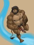  2023 abs anthro arm_tattoo bandage beard biceps clothed clothing deltoids erection exposed facial_hair felid genitals hair hair_over_eyes hi_res leg_tattoo lion looking_at_viewer madboart male mammal mane manly muscular muscular_arms navel nipples pantherine pecs penis pubes red_clothing red_speedo red_swimwear smile solo speedo speedo_down speedo_only standing swimwear tattoo topless triceps undressing vein veiny_penis 