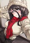  1girl absurdres arm_behind_head beanie black_hair blush breasts commentary_request freckles hair_between_eyes hat highres indoors long_hair original outstretched_arm pants phone reaching_towards_viewer scarf selfie shaded_face shashaki solo sweatdrop sweater winter_clothes 