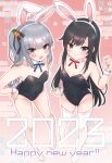  2023 2girls :o absurdres animal_ears asashio_(kancolle) bare_shoulders black_hair black_ribbon blush breasts brown_eyes carrot_hair_ornament cleavage detached_collar fake_animal_ears fake_tail food-themed_hair_ornament from_above full_body grey_eyes grey_hair hair_ornament hair_ribbon happy_new_year highres kantai_collection kasumi_(kancolle) kayuma long_hair multiple_girls neck_ribbon playboy_bunny rabbit_ears rabbit_tail red_ribbon ribbon side_ponytail small_breasts tail wrist_cuffs 