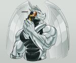  2022 abs anjing_kampuss anthro asumono_krom biceps black_body digital_media_(artwork) dragon dragon_city front_view grey_body hi_res holding_object horn male metallic_dragon multi_horn muscular muscular_anthro muscular_arms muscular_male navel pecs polisher polishing signature simple_background solo waist_up wings yellow_sclera 