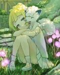  1girl absurdres alolan_vulpix blonde_hair closed_mouth commentary_request crossed_arms day flower grass green_eyes highres knees_up lillie_(pokemon) long_hair on_shoulder outdoors peppedayo_ne pokemon pokemon_(anime) pokemon_(creature) pokemon_on_shoulder pokemon_sm_(anime) shirt shoes short_sleeves sitting skirt smile socks white_shirt white_skirt 