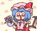  2girls :d bat_wings blue_hair bob_cut bow chibi coffee_mug collared_shirt commentary cup dual_persona food food-themed_background happy hat hat_ribbon holding holding_cup index_finger_raised looking_at_viewer mob_cap mug multiple_girls numenoko pink_headwear pink_shirt pudding red_bow red_eyes red_ribbon remilia_scarlet ribbon shirt short_hair smile standing touhou upper_body waist_bow wings yellow_background 