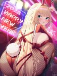  1girl 2023 :p akai_haato animal_ears ass backless_leotard bangs blue_eyes blush boots bow breast_press breasts fake_animal_ears fishnet_pantyhose fishnets from_behind hair_ribbon happy_new_year highres hololive knee_boots large_breasts leotard long_hair magowasabi neon_lights one_side_up pantyhose rabbit_ears rabbit_tail red_bow red_leotard red_ribbon ribbon sideboob signature solo squatting tail tongue tongue_out twitter_username very_long_hair virtual_youtuber 