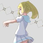  1girl bangs blonde_hair blush commentary_request eyelashes green_eyes grey_background highres interlocked_fingers lillie_(pokemon) long_hair own_hands_together peppedayo_ne pleated_skirt pokemon pokemon_(game) pokemon_sm ponytail shirt short_sleeves skirt solo stretching white_shirt white_skirt 