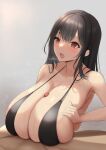  1boy 1girl bare_shoulders bikini black_bikini black_hair blush breasts breasts_squeezed_together breath brown_eyes censored cleavage collarbone grey_background hetero highres huge_breasts long_hair minato81345 mosaic_censoring open_mouth original paizuri paizuri_under_clothes penis solo_focus strap_gap string_bikini sweat swimsuit teeth upper_teeth_only 