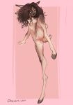  2023 anthro anus artist_name biped breasts brown_body brown_eyes brown_fur brown_hair butt deer digital_media_(artwork) discreet_user female fur genitals hair hi_res hooves long_hair mammal navel nipples open_mouth pink_background pussy raised_leg simple_background skinny small_breasts solo spots spotted_body spotted_fur white_body white_fur 