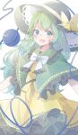  1girl :d adapted_costume black_headwear blush bow bowtie capelet commentary cowboy_shot frilled_capelet frilled_skirt frills green_capelet green_eyes grey_hair hat hat_bow highres komeiji_koishi long_hair long_sleeves looking_at_viewer open_mouth re_re_merry shirt skirt skirt_set smile solo third_eye touhou white_bow white_bowtie yellow_bow yellow_shirt yellow_skirt 