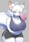  absurd_res anthro big_breasts blush breasts canid canine canis cecily_lin clothed clothing female fur hair hi_res looking_at_viewer mammal smile solo 