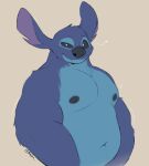  alien anthro blue_body blue_fur chest_tuft clothed clothing disney experiment_(lilo_and_stitch) fur hi_res lilo_and_stitch looking_at_viewer male minedoo musclegut muscular muscular_anthro muscular_male nipples simple_background smile solo stitch_(lilo_and_stitch) topless tuft 