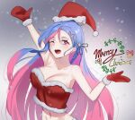  1girl ;d arm_up armpits bandeau bare_arms bare_shoulders bing_hayu breasts cleavage collarbone crop_top earrings fur_trim gloves godoaru gradient_hair hair_ornament hairclip hand_up hat highres jewelry large_breasts long_hair looking_at_viewer luvdia merry_christmas midriff motion_blur multicolored_hair navel one_eye_closed open_mouth pink_eyes pink_hair purple_hair red_gloves red_headwear santa_hat smile solo stomach strapless tube_top two-tone_hair upper_body very_long_hair virtual_youtuber 