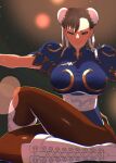  1girl akisu_k boots breasts brown_eyes brown_hair china_dress chinese_clothes chun-li double_bun dress earrings fighting_stance gradient gradient_background hair_bun jewelry large_breasts light_rays looking_at_viewer pantyhose sash sitting solo street_fighter street_fighter_v thighs white_footwear white_sash 