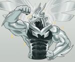  2022 abs anjing_kampuss anthro asumono_krom black_body digital_media_(artwork) dragon dragon_city eyes_closed flexing_bicep front_view grey_body hi_res horn male metallic_dragon multi_horn muscular muscular_anthro muscular_arms muscular_male navel neck_spikes pecs signature simple_background solo sparkles waist_up wings 