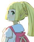  1girl absurdres backpack bag blonde_hair closed_mouth commentary_request from_behind green_eyes highres holding_strap lillie_(pokemon) long_hair looking_back peppedayo_ne pokemon pokemon_(game) pokemon_sm ponytail shirt short_sleeves simple_background smile solo white_background white_shirt 