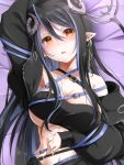  1girl 774_inc. arm_up armpits bangs belt black_bandeau black_belt black_hair black_jacket blue_belt blue_hair blush breasts brown_eyes chest_belt cleavage commentary_request curled_horns demon_girl demon_horns demon_tail fuyuno_taka grey_horns hair_between_eyes hebiyoi_tier highres horns jacket long_hair looking_at_viewer lying multicolored_hair navel off_shoulder on_back on_bed open_mouth pointy_ears smile solo sugar_lyric tail two-tone_hair underboob upper_body virtual_youtuber 