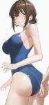  1girl 1other absurdres ass ass_grab bare_arms bare_shoulders black_eyes blue_one-piece_swimsuit breasts brown_hair cowboy_shot grin hand_on_another&#039;s_ass highres large_breasts looking_at_viewer looking_back one-piece_swimsuit original school_swimsuit short_hair simple_background smile so_shio solo_focus spaghetti_strap standing swimsuit thighs twisted_torso white_background 
