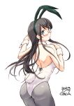  1girl animal_ears artist_name ass back black_hair blue_eyes bow bowtie breasts cowboy_shot dated detached_collar fake_animal_ears fake_tail glasses grey_pantyhose highres kantai_collection leotard long_hair looking_back ooyodo_(kancolle) owa_(ishtail) pantyhose playboy_bunny rabbit_ears rabbit_tail semi-rimless_eyewear simple_background small_breasts solo strapless strapless_leotard tail under-rim_eyewear white_background white_leotard wrist_cuffs 