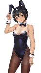  1girl animal_ears bangs bare_shoulders black_leotard bow bowtie breasts commentary_request detached_collar fake_animal_ears hashi leotard looking_at_viewer original pantyhose playboy_bunny rabbit_ears solo strapless strapless_leotard tan tanlines tomboy wrist_cuffs 