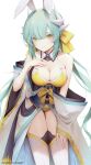  1girl animal_ears bangs bare_shoulders bikini blush bow breasts cleavage detached_collar dmith dragon_girl dragon_horns fake_animal_ears fate/grand_order fate_(series) green_hair hair_bow highres horns japanese_clothes kimono kiyohime_(fate) kiyohime_(swimsuit_lancer)_(fate) kiyohime_(swimsuit_lancer)_(first_ascension)_(fate) long_hair long_sleeves looking_at_viewer medium_breasts multiple_horns obi off_shoulder rabbit_ears sash smile solo swimsuit thighhighs thighs white_kimono wide_sleeves yellow_bikini yellow_bow yellow_eyes 