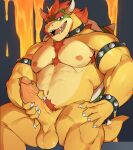  2023 absurd_res anthro armpit_hair balls big_penis biped body_hair bowser bracelet claws digital_media_(artwork) erection finger_claws gakujo genitals hair hand_on_penis hi_res humanoid_genitalia humanoid_penis jewelry koopa male mario_bros muscular muscular_anthro muscular_male nintendo open_mouth open_smile penis pubes red_hair red_pubes scalie smile solo spiked_bracelet spikes tan_body yellow_balls yellow_body yellow_penis 