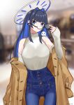  1girl bangs bare_shoulders black-framed_eyewear black_hair blue_eyes blue_hair blurry blurry_background boros_(ouro_kronii) breasts buttons casual coat colored_inner_hair commentary cowboy_shot denim detached_sleeves earrings glasses hair_intakes halo high-waist_pants highres hime_cut holding holding_eyewear holocouncil hololive hololive_english jeans jewelry kanadeho large_breasts long_hair long_sleeves looking_at_viewer mechanical_halo multicolored_hair off-shoulder_coat off_shoulder official_alternate_costume official_alternate_hair_length official_alternate_hairstyle ouro_kronii pants semi-rimless_eyewear shirt sleeveless sleeveless_shirt solo standing straight_hair turtleneck two-tone_hair virtual_youtuber white_shirt 