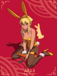  1girl 2023 absurdres animal_ears ankle_cuffs bangs bare_arms bare_shoulders blonde_hair bow bowtie breasts brown_eyes carrot chinese_zodiac commentary dark-skinned_female dark_skin detached_sleeves elf elfheim english_commentary fake_animal_ears fishnet_pantyhose fishnets full_body hair_between_eyes hairband high_heels highres leotard nil_sunna orange_bow orange_bowtie orange_hairband orange_leotard original pantyhose parted_lips pointy_ears red_background shoes short_hair sidelocks simple_background sitting small_breasts smile solo sunna_(nilsunna) thigh_strap wariza wrist_cuffs year_of_the_rabbit yellow_footwear 