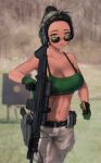  1girl belt black_belt black_hair chaciooh commentary cowboy_shot crop_top forehead gloves green_gloves grey_pants gun headphones highres holding holding_gun holding_weapon looking_at_viewer midriff mole mole_under_mouth navel original pants parted_lips rifle short_hair solo sports_bra standing stomach weapon yellow_eyes 