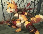  2022 absurd_res anthro armor blue_eyes bottomwear brown_body brown_fur canid canine claws clothing daikung dipstick_tail fox fur hi_res holding_object holding_sword holding_weapon inner_ear_fluff leaf loincloth male mammal markings melee_weapon navel plant shoulder_pads smile solo sword tail tail_markings tree tuft weapon white_body white_fur 