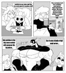  absurd_res anthro big_muscles bottomwear bovid canid canine caprine clothing costume dex_(parttimeyeen) dialogue drawing eyewear felid feline footwear gabriel_(parttimeyeen) glasses goat group hat headgear headwear hi_res horn huge_muscles huge_pecs hyper hyper_muscles juice_(parttimeyeen) male mammal muscular muscular_anthro muscular_arms muscular_male nipple_outline overweight overweight_male pants parttimeyeen_(artist) sewing sewing_machine shirt shoes smile superhero_costume tight_clothing topwear torn_clothing trio 