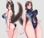  1girl alternate_costume animal_ears ass bangs black_one-piece_swimsuit blue_one-piece_swimsuit blush breasts brown_hair closed_mouth commentary_request covered_navel cowboy_shot embarrassed frown grey_background hair_between_eyes highres imaizumi_kagerou large_breasts long_hair looking_to_the_side multiple_views one-piece_swimsuit red_eyes sideboob simple_background swimsuit tail touhou two-tone_swimsuit wiaxixia wolf_ears wolf_girl wolf_tail 