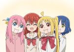  4girls ^_^ ^o^ blonde_hair blue_eyes blue_hair blush bocchi_the_rock! bow closed_eyes gotou_hitori happy ijichi_nijika jacket kita_ikuyo looking_back multiple_girls open_mouth pink_hair puppet red_bow red_eyes red_hair school_uniform smile track_jacket yamada_ryou yellow_eyes 