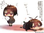  1girl ant antennae artist_name black_sleeves brown_eyes brown_hair bug chibi commentary dot_nose forehead full_body green_footwear hair_between_eyes harumi_namau highres holding long_sleeves lying on_stomach open_mouth original outstretched_arms personification pout purple_eyes simple_background solo standing translation_request white_background 