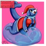  anthro big_penis blue_body bodily_fluids bubble christmas christmas_clothing christmas_headwear clothing cum cum_inside ejaculation female fizzy_pop_the_popplio floppy_ears generation_7_pokemon genital_fluids genitals hat headgear headwear herm hi_res holidays intersex looking_pleasured nintendo open_mouth orgasm penetrable_sex_toy penis pokemon pokemon_(species) pokemorph popplio santa_hat sex_toy sexybigears69 solo text thick_thighs 