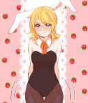  1girl animal_ears arms_behind_back bare_shoulders black_leotard blonde_hair blue_eyes blush chinese_zodiac collarbone crying crying_with_eyes_open detached_collar ears_down embarrassed fake_animal_ears fishnet_pantyhose fishnets frown happy_new_year kagamine_rin leotard mimi_mine pantyhose pink_background playboy_bunny rabbit_ears solo strapless strapless_leotard strawberry_background tearing_up tears v-shaped_eyebrows vocaloid wavy_mouth year_of_the_rabbit 