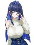  1girl absurdres adjusting_eyewear bangs bare_shoulders blue_eyes blue_hair blunt_bangs blunt_ends breasts clothing_cutout colored_inner_hair dark_blue_hair glasses hair_intakes high-waist_pants highres hololive hololive_english ladymelt large_breasts leaning_to_the_side long_hair looking_at_viewer multicolored_hair official_alternate_costume ouro_kronii shoulder_cutout sidelocks simple_background solo sweater sweater_tucked_in tented_shirt turtleneck turtleneck_sweater upper_body virtual_youtuber white_background 
