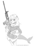  1girl assault_rifle bangs blush fish_tail fn_scar gawr_gura greyscale gun hair_ornament hand_in_pocket holding holding_gun holding_weapon hololive hololive_english looking_at_viewer mathias_leth monochrome multicolored_hair no_legwear ponytail rifle shark_girl shark_hair_ornament shark_tail side_ponytail smile tail thighs tooth weapon 