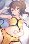  1girl :q absurdres aqua_eyes armpits asktyuni brown_hair camisole dolphin_shorts highres hololive looking_at_viewer lying midriff natsuiro_matsuri navel on_back pillow shorts side_ponytail solo spread_navel stomach tongue tongue_out virtual_youtuber watch wristwatch 