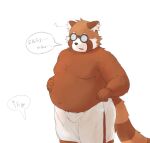  2023 ailurid anthro bari_mu belly big_belly bottomwear clothing eyewear glasses hi_res humanoid_hands japanese_text kemono male mammal moobs overweight overweight_male red_panda shorts simple_background solo text 
