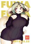  anthro canid canine canis clothing domestic_dog female floppy_ears fluffy_ears fur fuzisawa grey_hair hair hi_res long_ears long_tail mammal purple_eyes solo sweater tail topwear white_body white_fur 