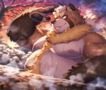  2023 anthro bathing belly big_belly brown_body brown_fur canid canine detailed_background fur hinami kemono male mammal moobs nipples outside overweight overweight_male raccoon_dog solo tanuki water 