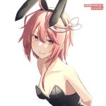  1girl :3 ahoge alternate_costume arms_behind_back bare_shoulders black_leotard dated hair_ornament i-58_(kancolle) kantai_collection leotard light_brown_hair m.a.o one-hour_drawing_challenge pink_eyes pink_hair short_hair simple_background solo strapless strapless_leotard twitter_username white_background 
